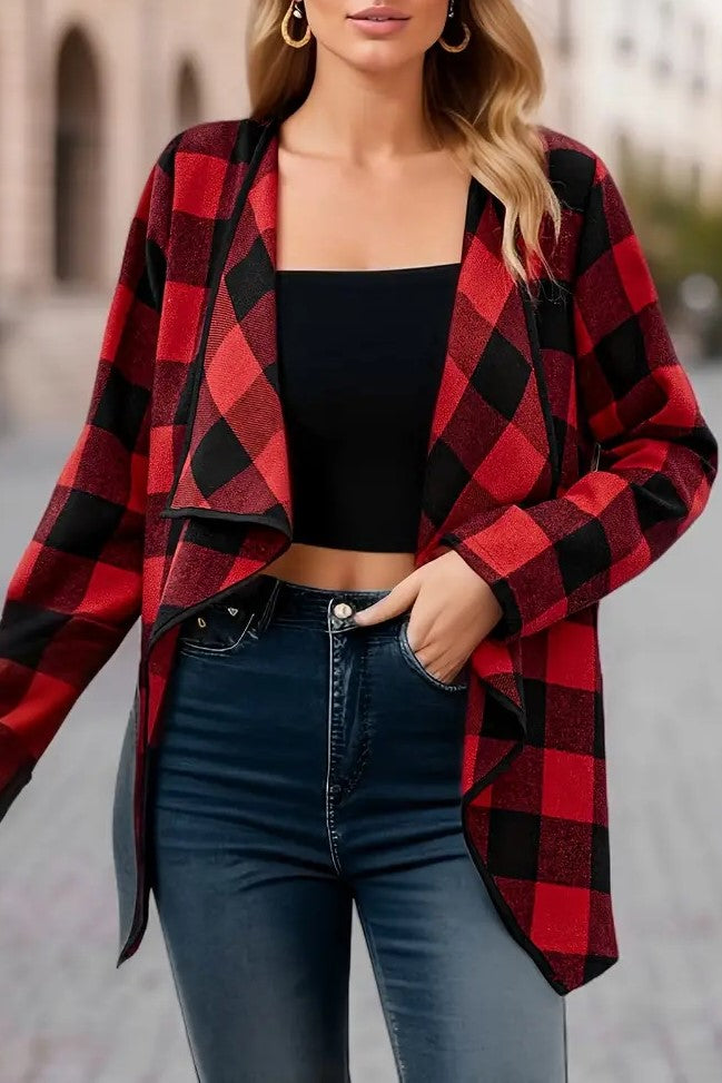 Plaid Waterfall Lapel Open Front Jacket - Red - 3