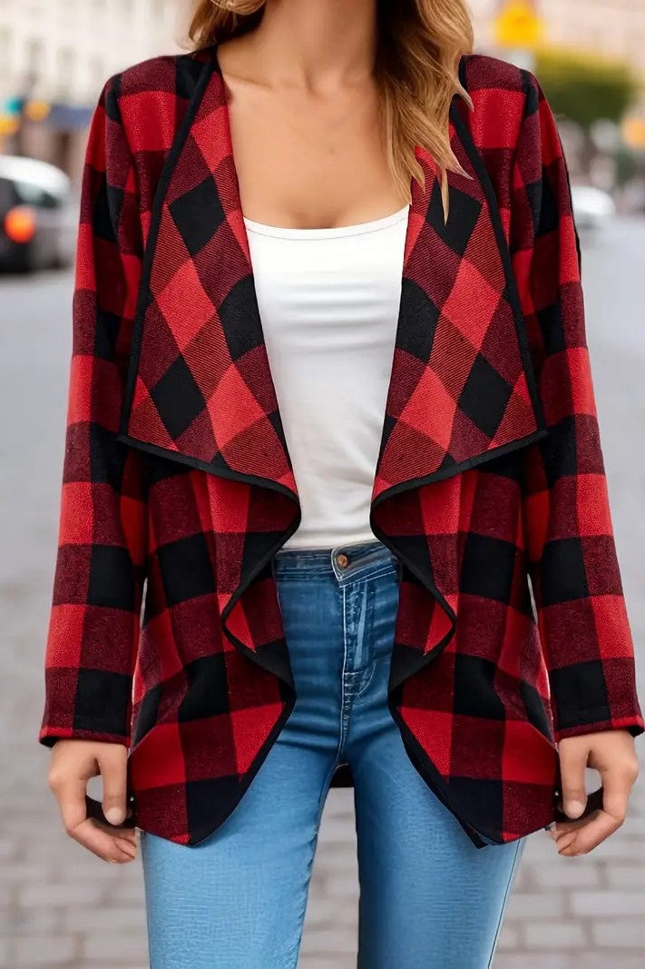 Plaid Waterfall Lapel Open Front Jacket - Red - 4