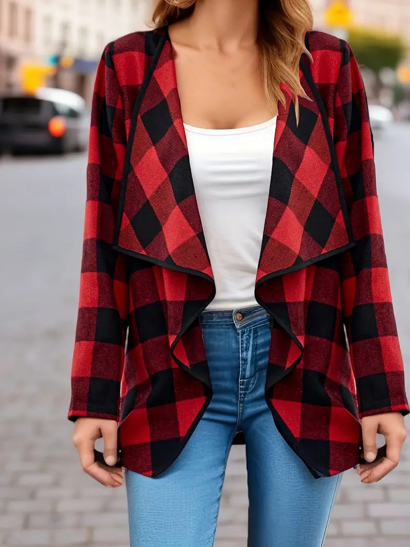 Plaid Waterfall Lapel Open Front Jacket - Red - 5