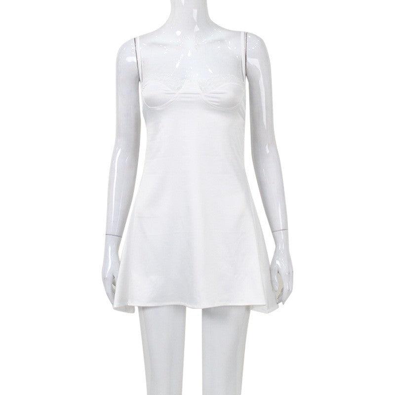 Satin Lace Balconette Cup Mini Slip Dress - White