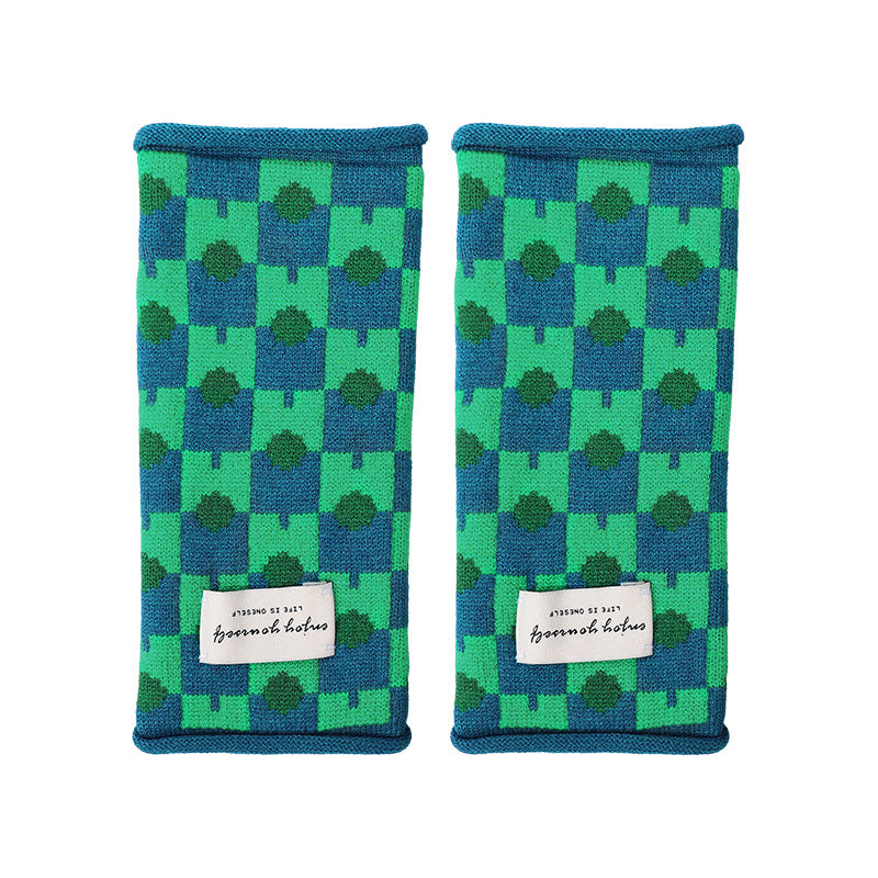 Geometric Colorblock Fingerless Knit Gloves - Green