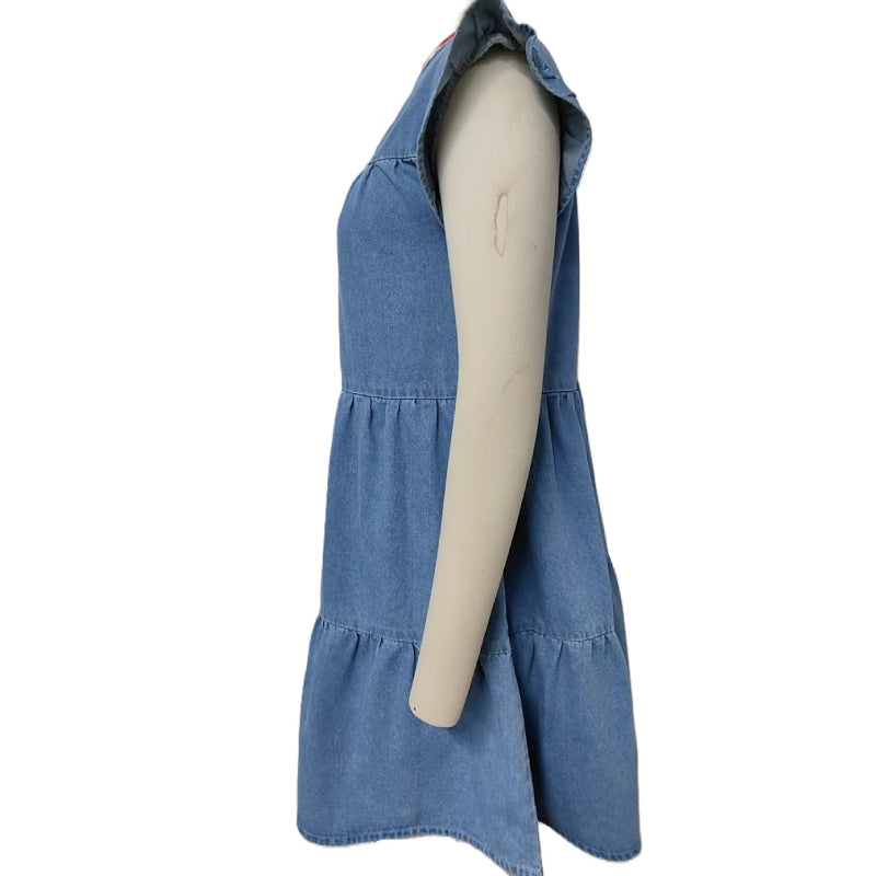 Tiered Denim Flutter Sleeve Mini Dress - Blue - 1