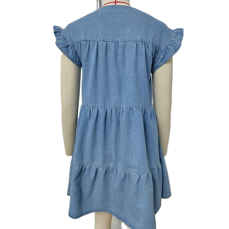 Tiered Denim Flutter Sleeve Mini Dress - Blue - 2