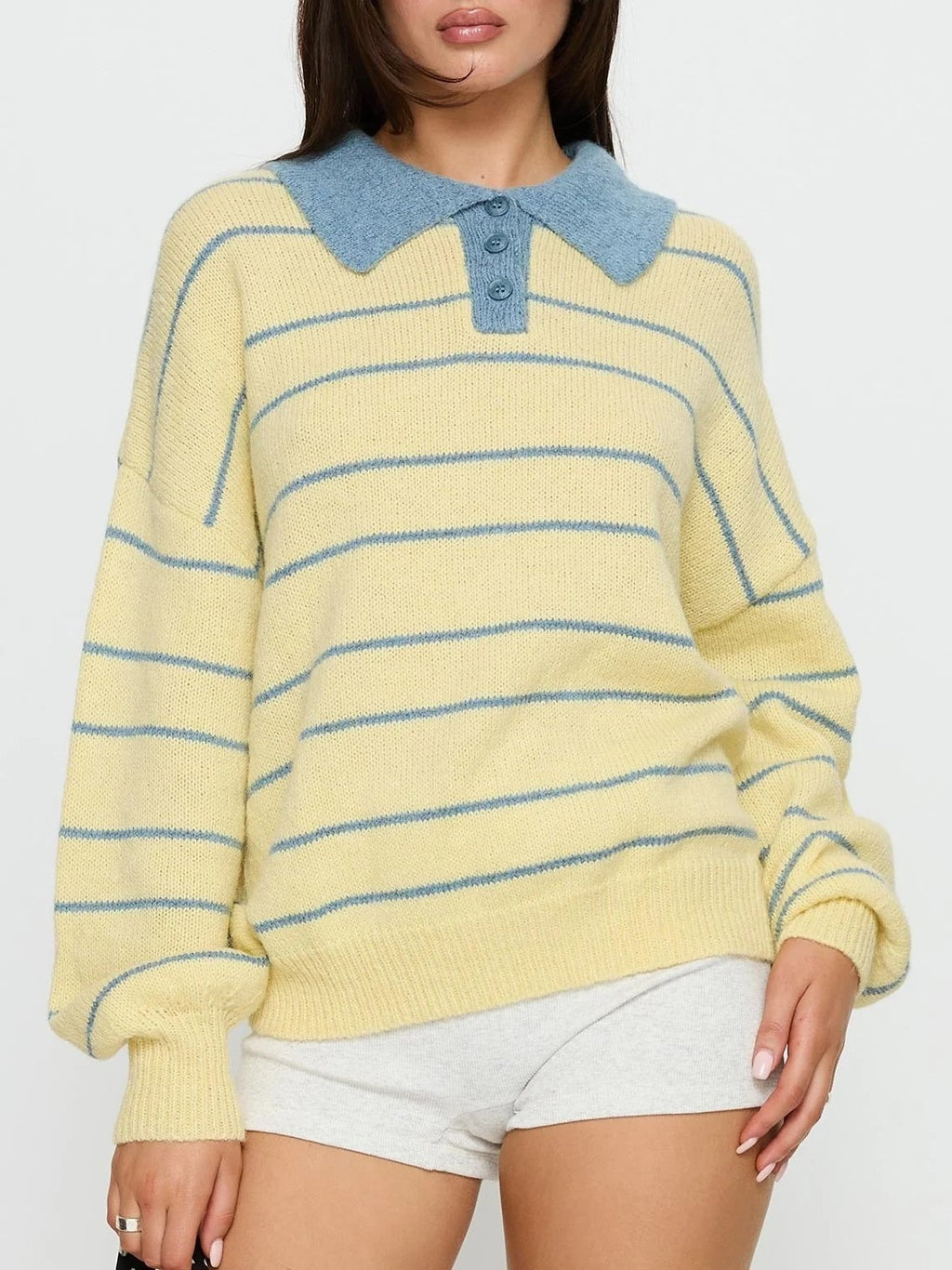 Preppy Striped Polo Collar Knit Sweater - butter