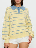 Preppy Striped Polo Collar Knit Sweater - butter