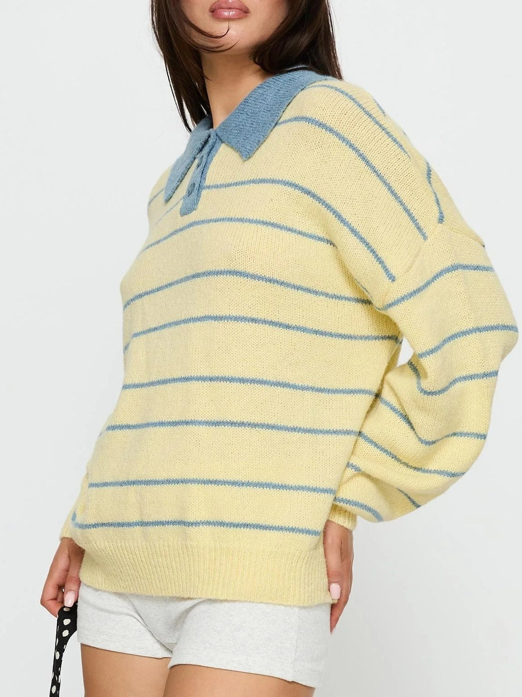 Preppy Striped Polo Collar Knit Sweater - butter - 2
