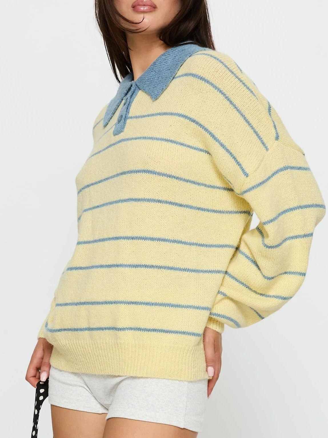Preppy Striped Polo Collar Knit Sweater - butter - 2
