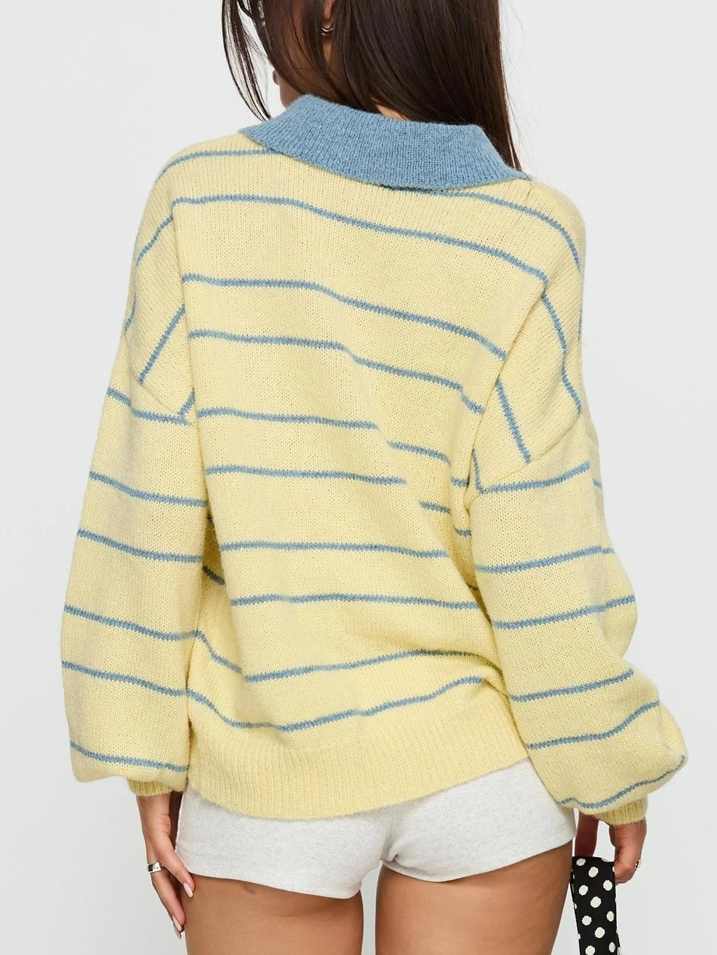 Preppy Striped Polo Collar Knit Sweater - butter - 3