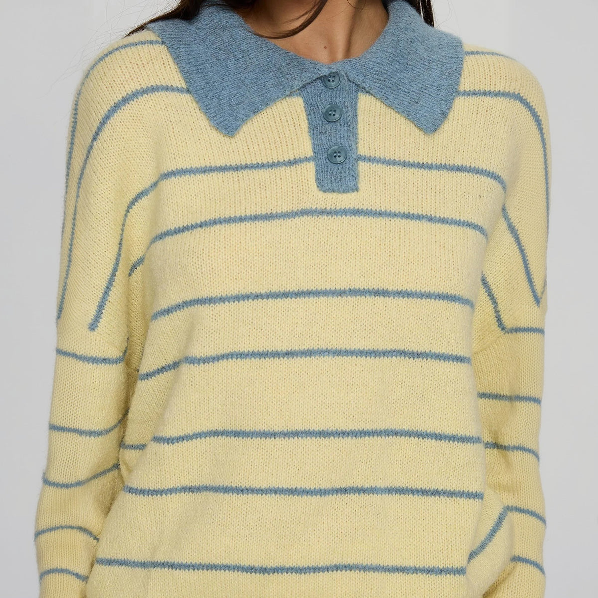 Preppy Striped Polo Collar Knit Sweater - butter - 5