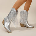Metallic Sparkle Fringe Cowboy Boots - Silver