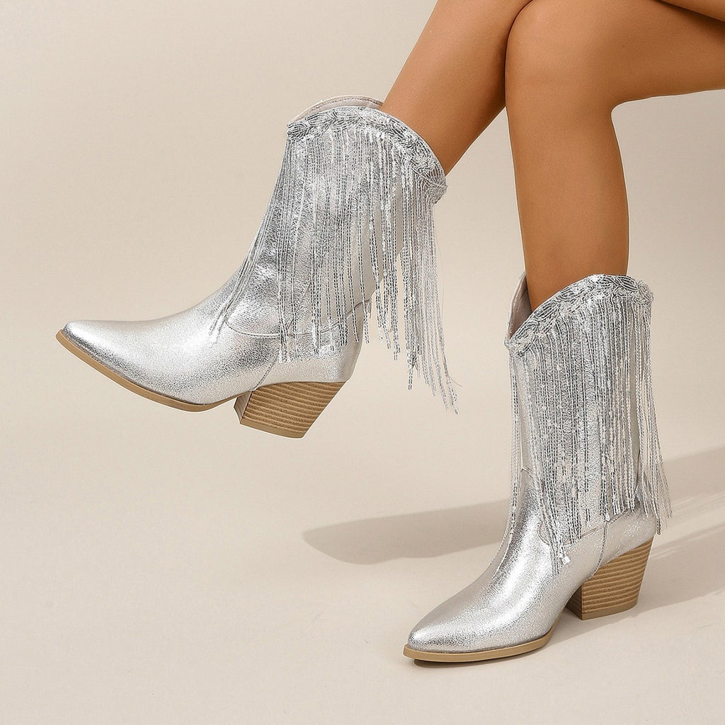 Metallic Sparkle Fringe Cowboy Boots