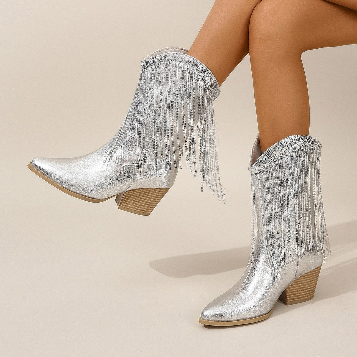 Metallic Sparkle Fringe Cowboy Boots