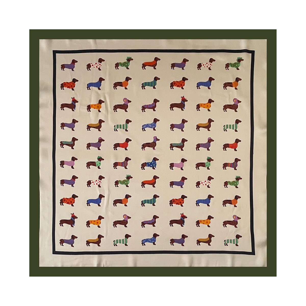 Playful Sausage Dog Square Bandana Scarf - Green