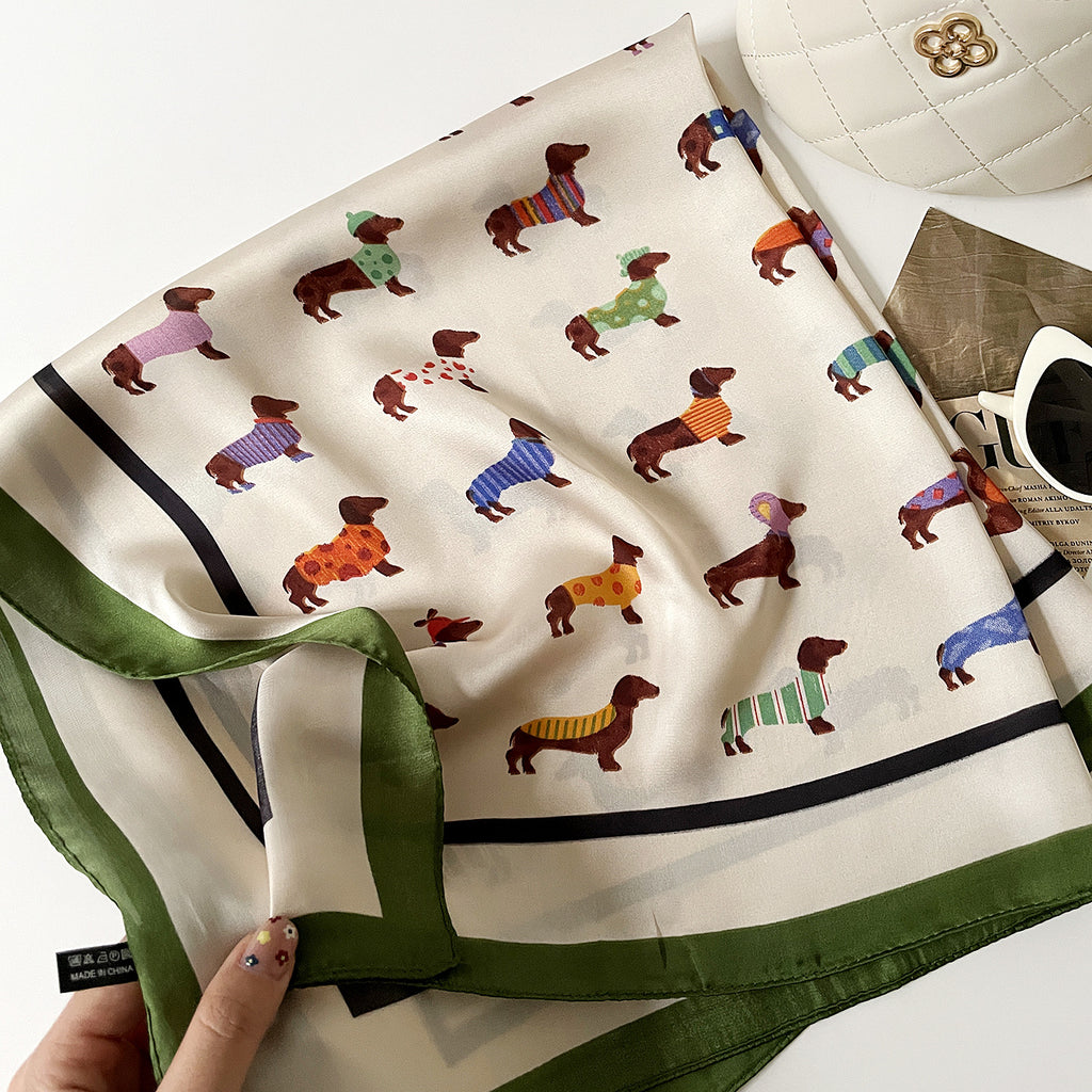 Playful Sausage Dog Square Bandana Scarf - Green - 1