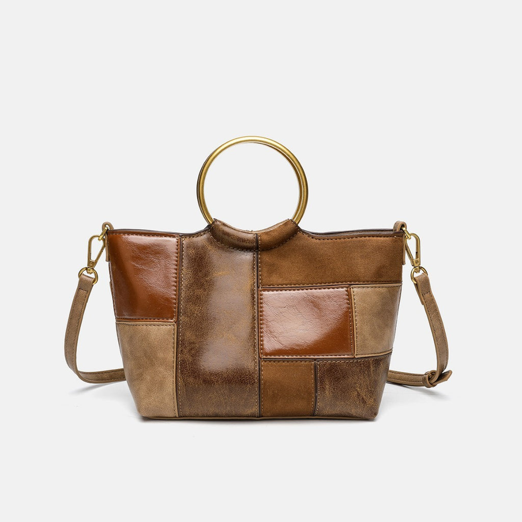 Patchwork Ring Handle Mini Bag with Crossbody Strap