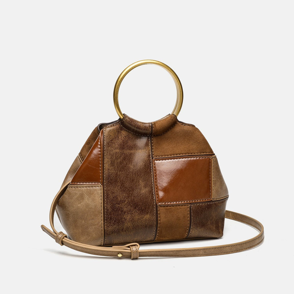 Patchwork Ring Handle Mini Bag with Crossbody Strap