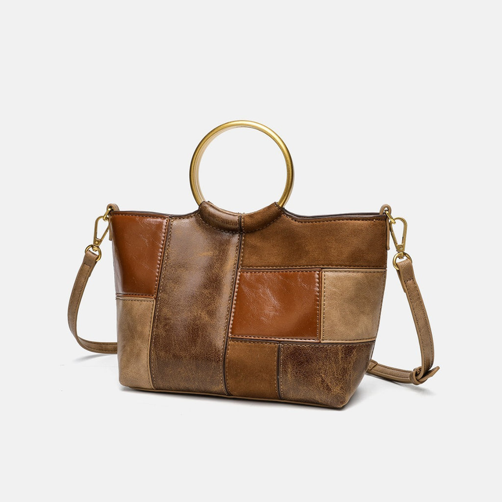 Patchwork Ring Handle Mini Bag with Crossbody Strap