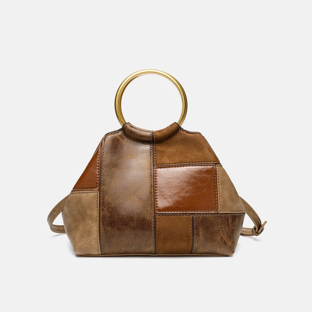 Patchwork Ring Handle Mini Bag with Crossbody Strap