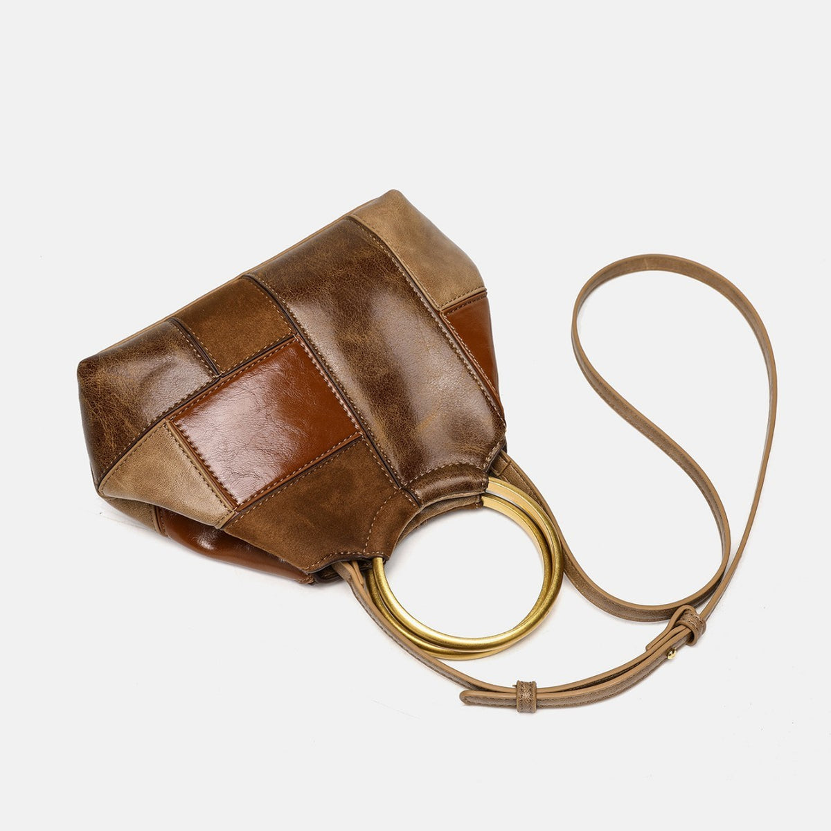 Patchwork Ring Handle Mini Bag with Crossbody Strap