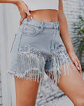 Fringe Trim Pearl Studded Denim Shorts - Blue