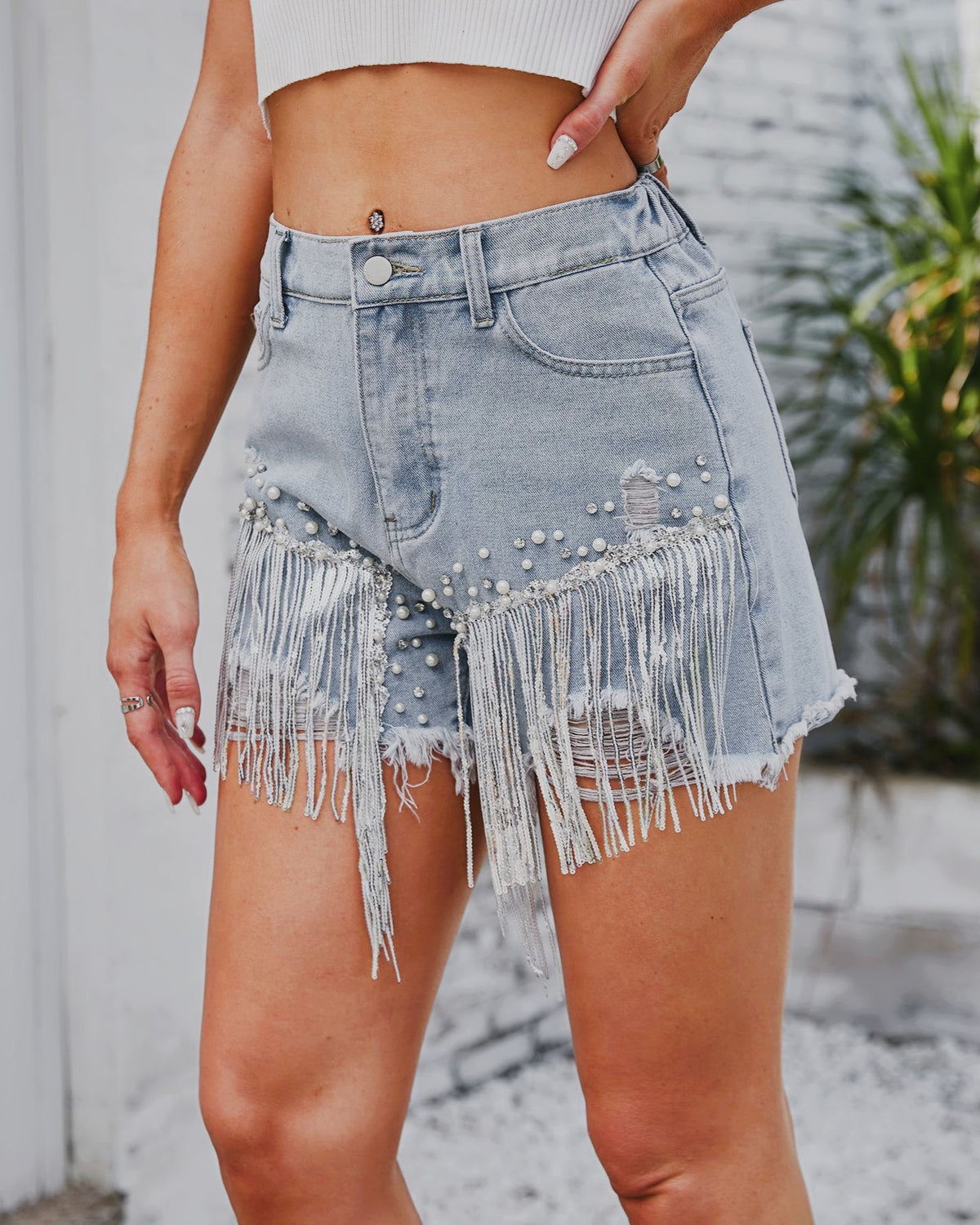 Fringe Trim Pearl Studded Denim Shorts - Blue - 1