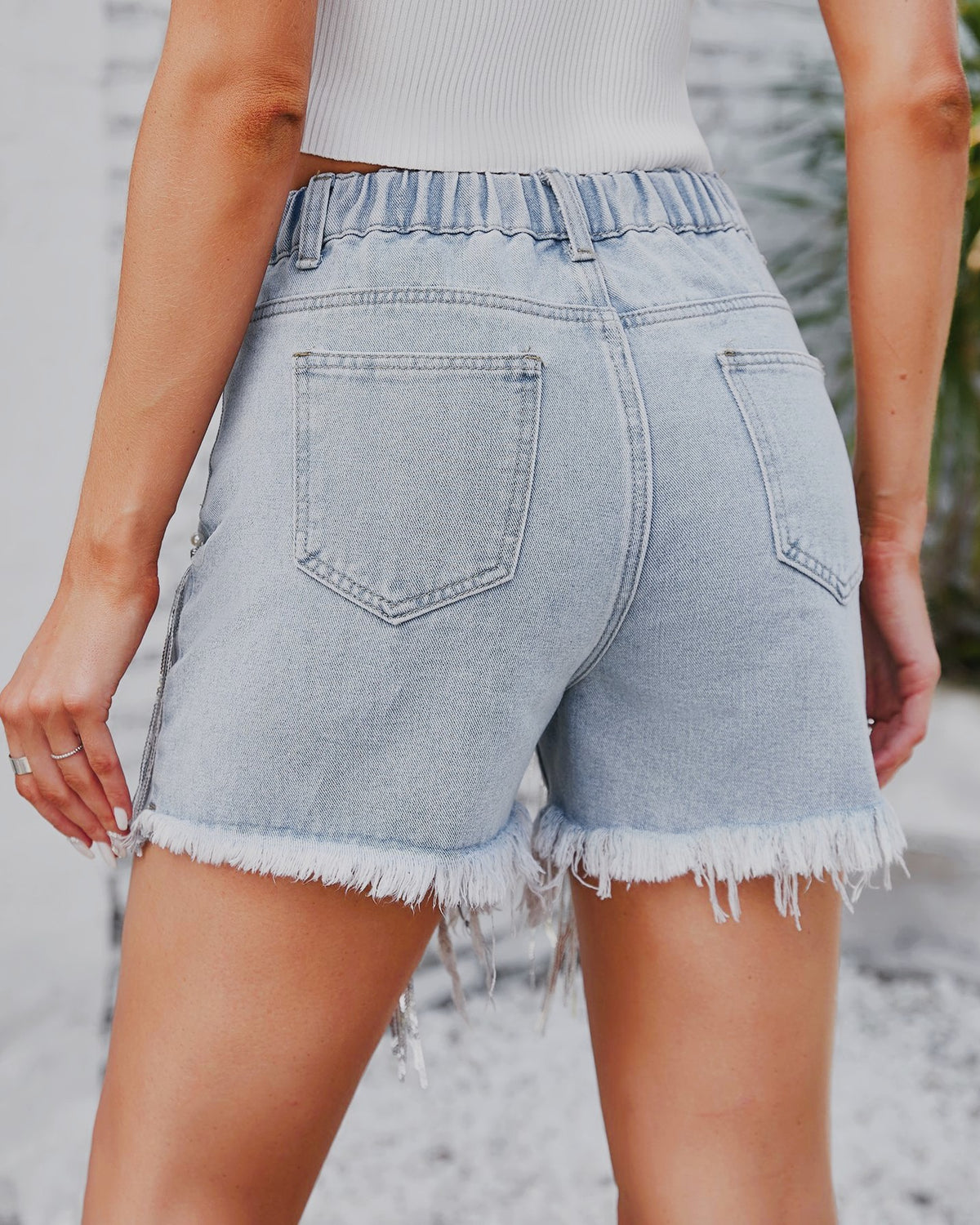 Fringe Trim Pearl Studded Denim Shorts - Blue - 2