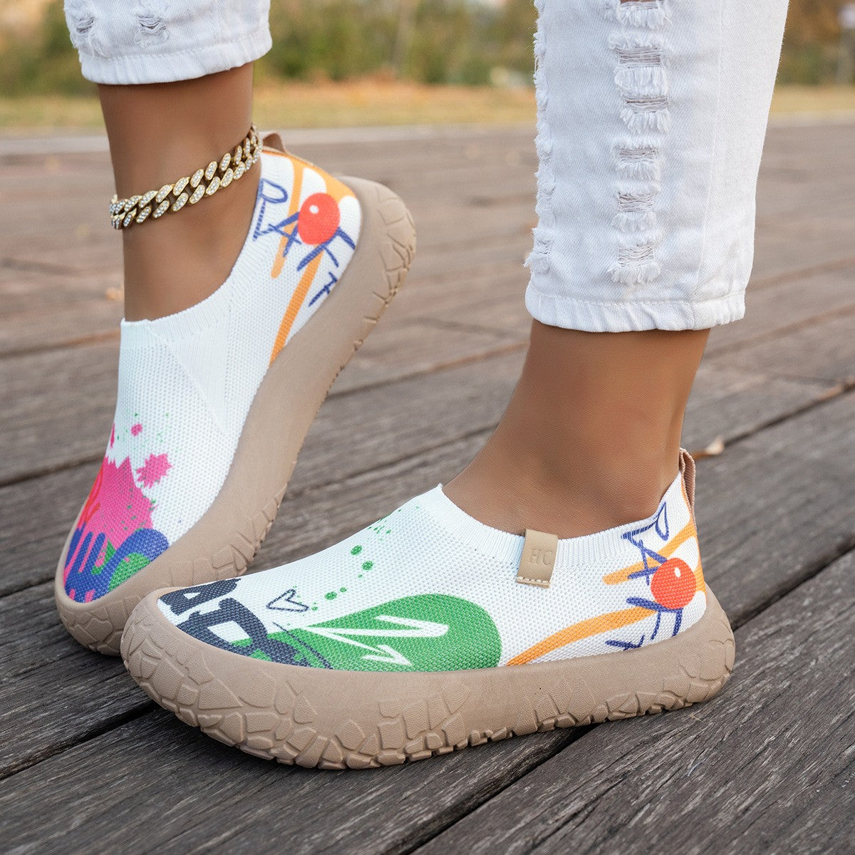 Graffiti Print Knit Slip-On Chunky Sole Sneakers