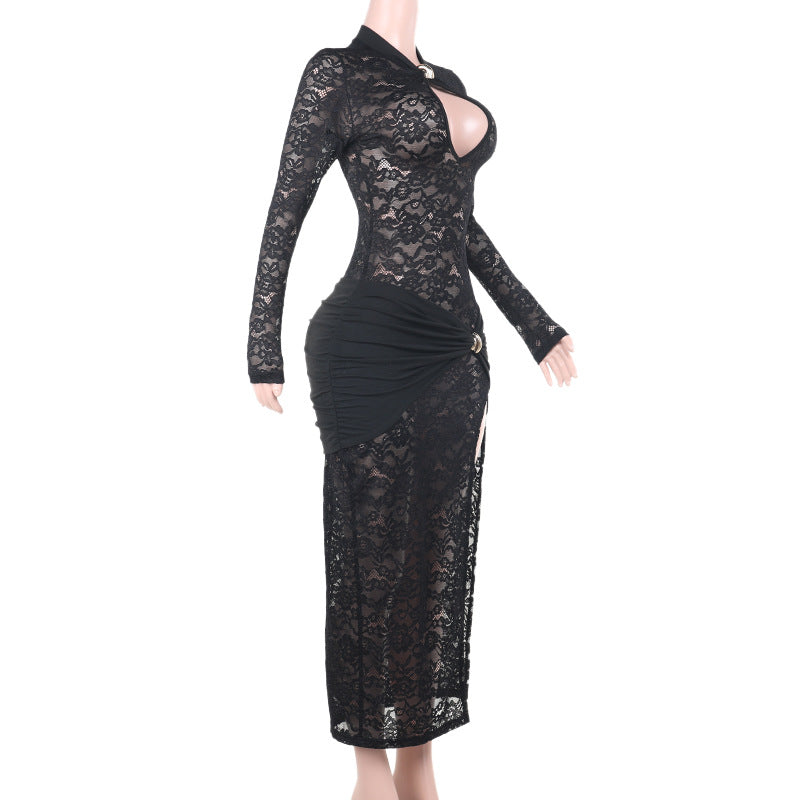 Lace Keyhole High Slit Maxi Dress - Black