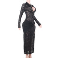 Lace Keyhole High Slit Maxi Dress - Black