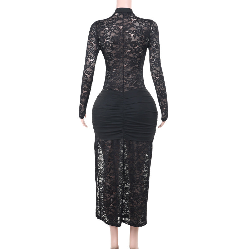 Lace Keyhole High Slit Maxi Dress - Black - 1