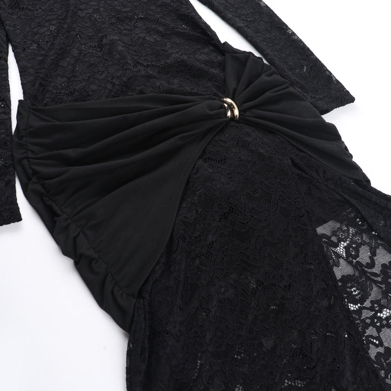Lace Keyhole High Slit Maxi Dress - Black - 3