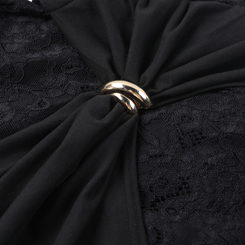 Lace Keyhole High Slit Maxi Dress - Black - 4