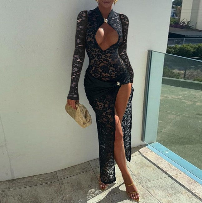 Lace Keyhole High Slit Maxi Dress - view 1