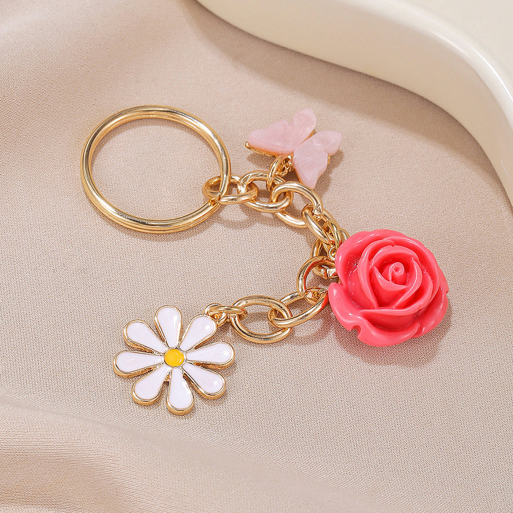 Rose Daisy and Butterfly Charm Keychain - Rose - 1