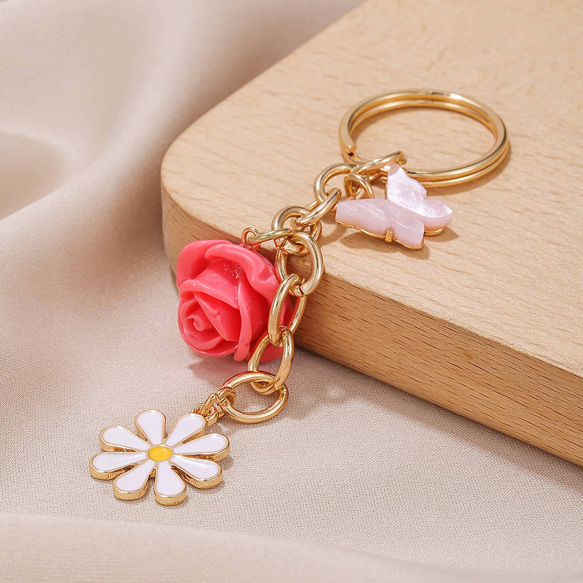 Rose Daisy and Butterfly Charm Keychain