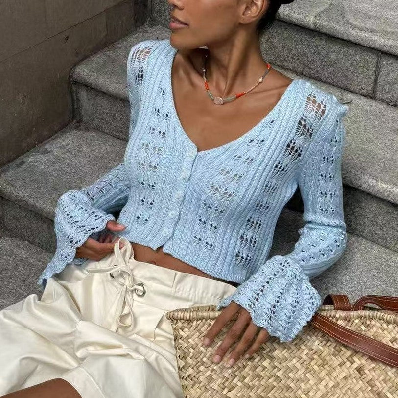 Pointelle Bell Sleeve Cropped Knit Top - Blue