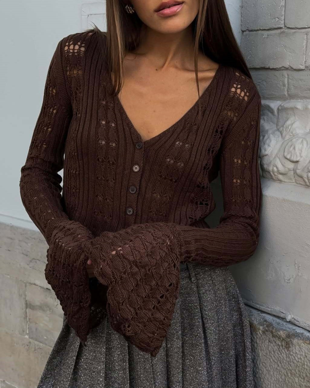Pointelle Bell Sleeve Cropped Knit Top - Brown
