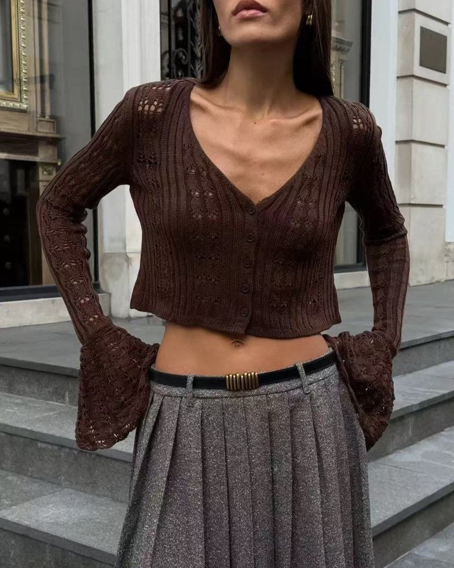 Pointelle Bell Sleeve Cropped Knit Top - Brown - 2