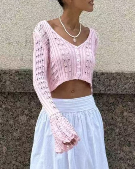 Pointelle Bell Sleeve Cropped Knit Top - Pink