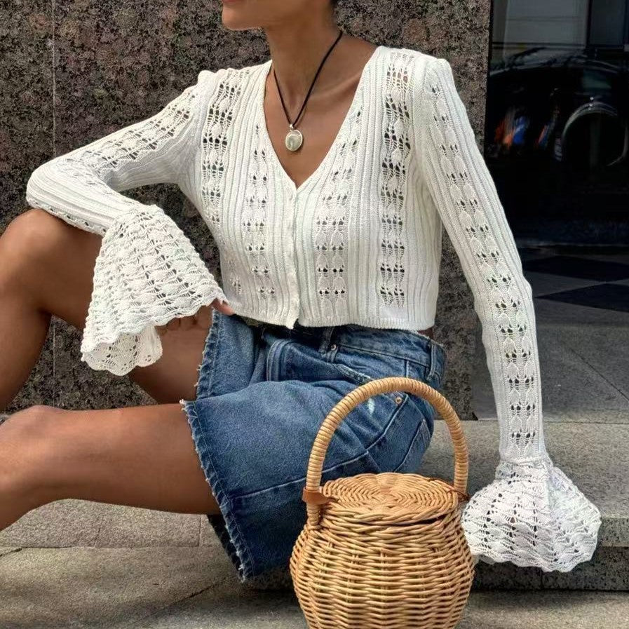 Pointelle Bell Sleeve Cropped Knit Top - White