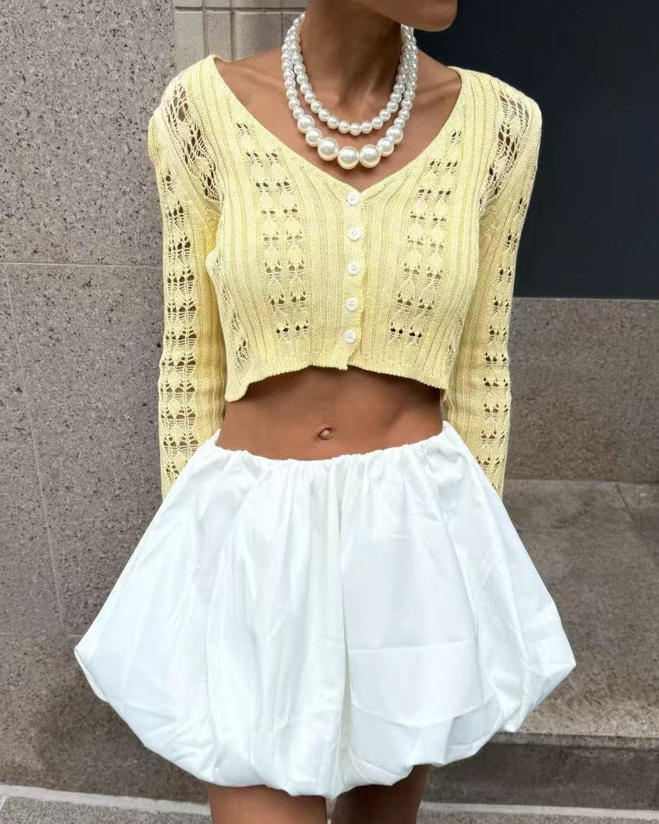 Pointelle Bell Sleeve Cropped Knit Top - Yellow