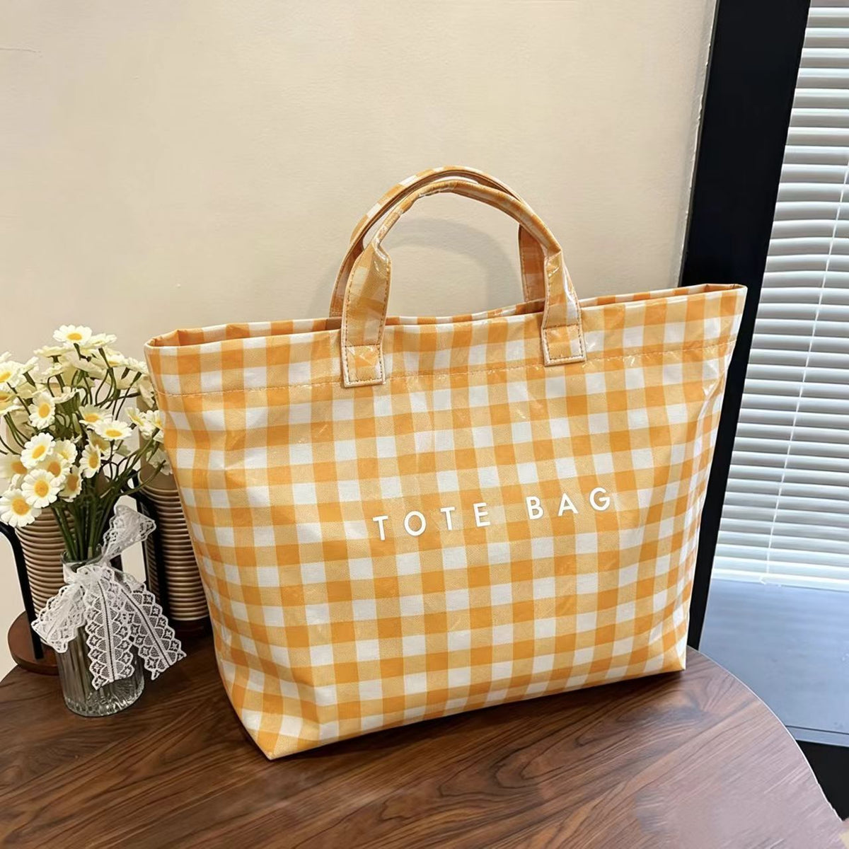 Colorblock Plaid Stripe Snap-Top Waterproof Tote - Blue