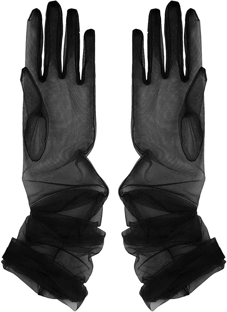 Sheer Tulle Ruched Bridal Long Gloves - Black
