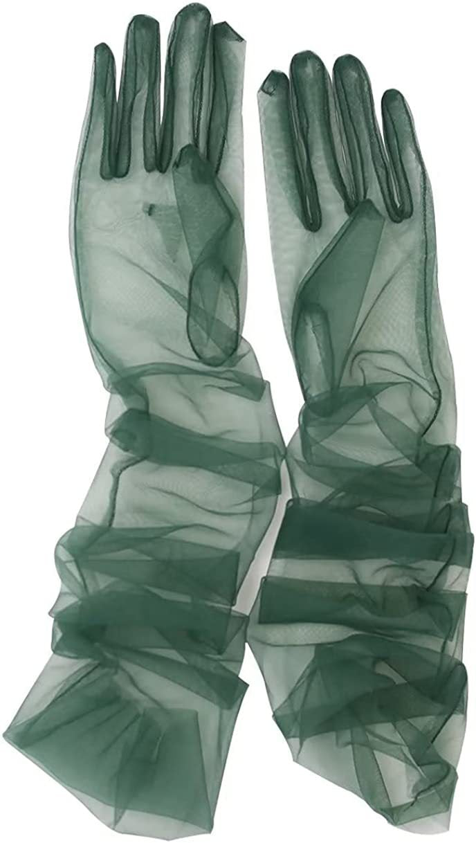 Sheer Tulle Ruched Bridal Long Gloves - Green
