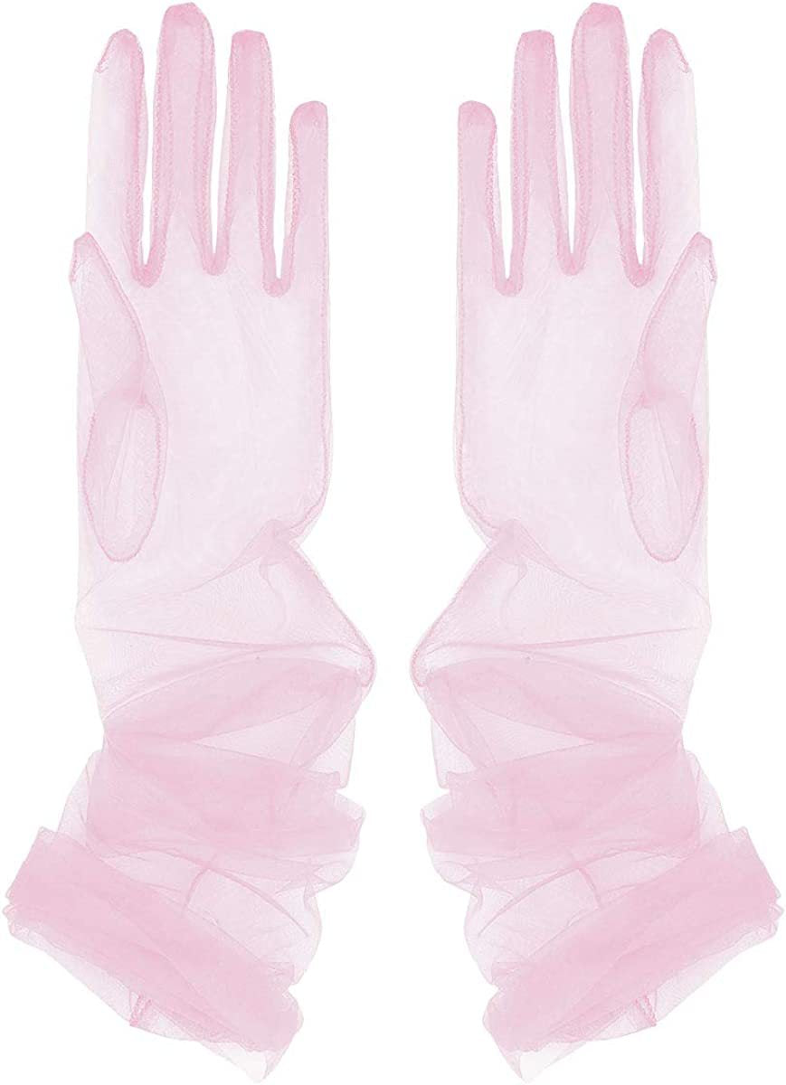 Sheer Tulle Ruched Bridal Long Gloves - Pink