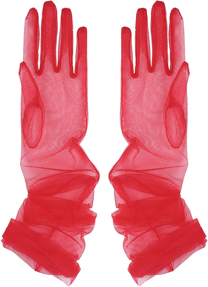 Sheer Tulle Ruched Bridal Long Gloves - Red