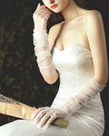Sheer Tulle Ruched Bridal Long Gloves - White