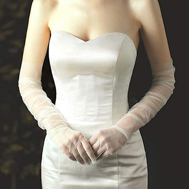 Sheer Tulle Ruched Bridal Long Gloves - White - 1