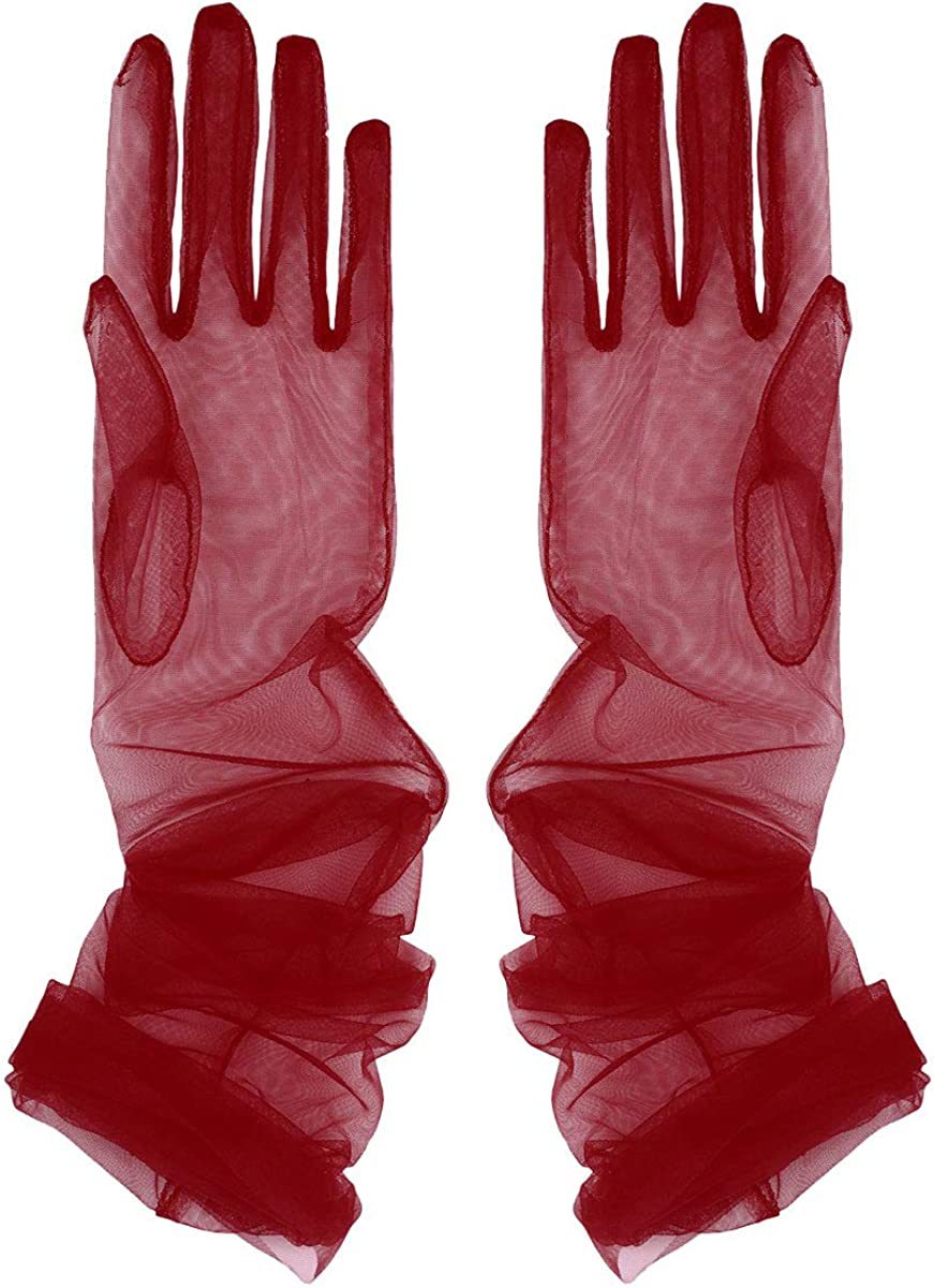 Sheer Tulle Ruched Bridal Long Gloves - WineRed