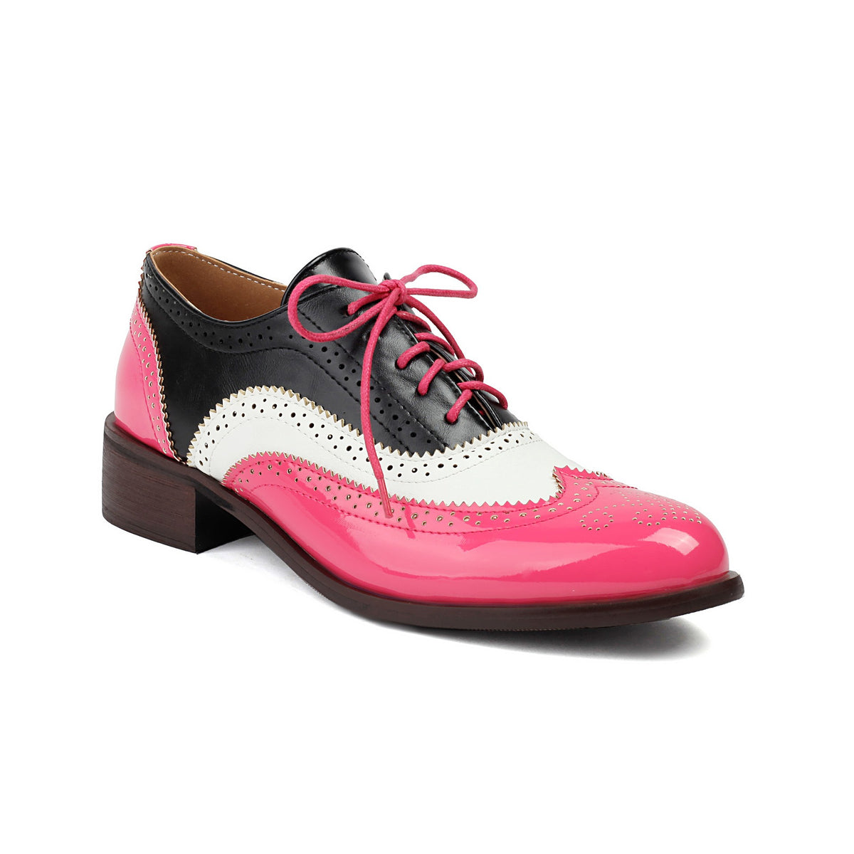 Two Tone Patent Wingtip Oxford Shoes - Hot Pink